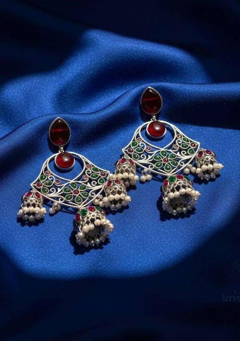 Silver-Plated Floral Jhumkas Earrings with Pearl for Women | Traditional Temple Jewellery for Wedding & Festive Wear | Gift for Her - Indya