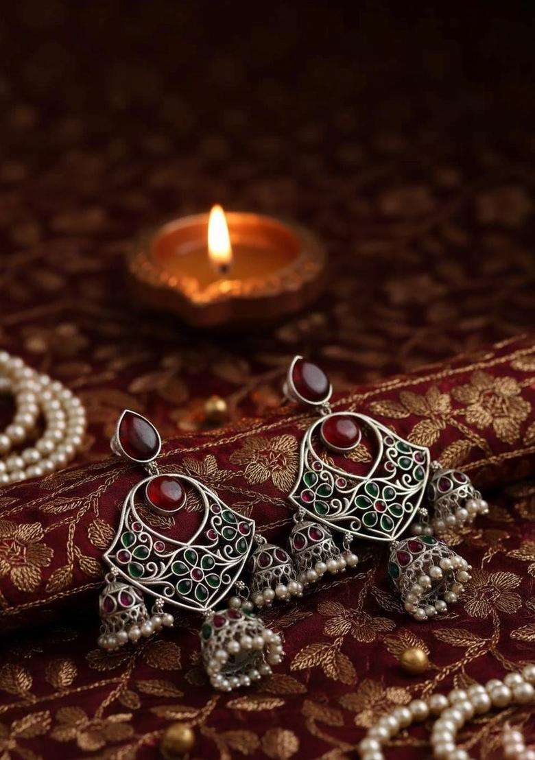 Silver-Plated Floral Jhumkas Earrings with Pearl for Women | Traditional Temple Jewellery for Wedding & Festive Wear | Gift for Her - Indya