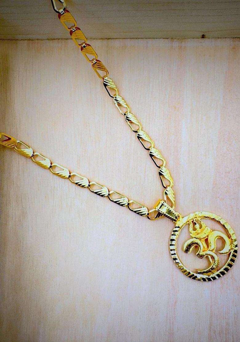 Gold-Plated Circular Shaped Om Pendants with Chains for Men & Women | Traditional Temple Jewellery for Wedding & Festive Wear | Festive Gift - Indya