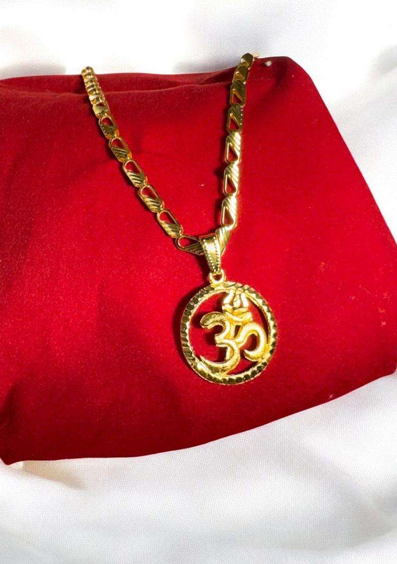 Gold-Plated Circular Shaped Om Pendants with Chains for Men & Women | Traditional Temple Jewellery for Wedding & Festive Wear | Festive Gift - Indya