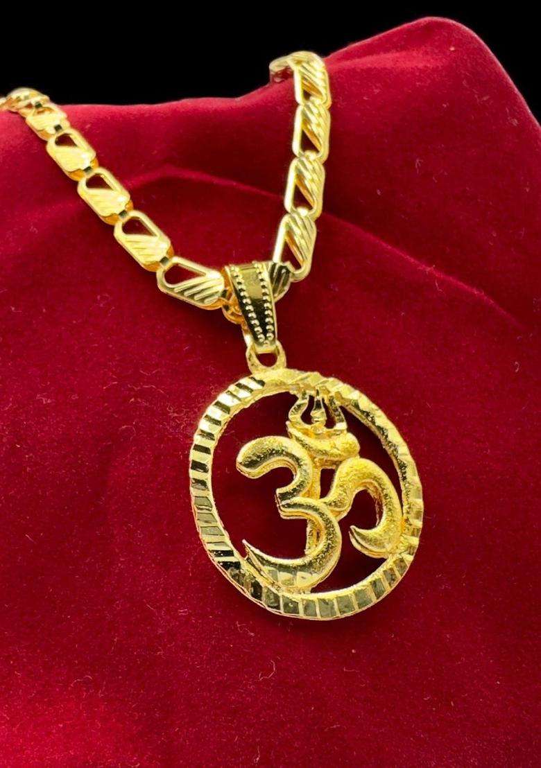 Gold-Plated Circular Shaped Om Pendants with Chains for Men & Women | Traditional Temple Jewellery for Wedding & Festive Wear | Festive Gift - Indya