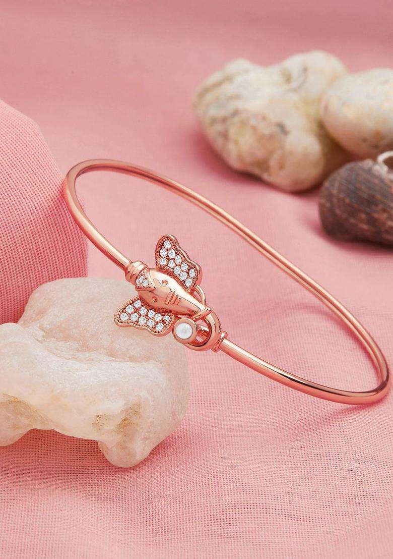 Rose Gold & White Brass Rose Gold-Plated Temple Kada Bracelet with CZ Stone for Women | Stylish Party & Everyday Wear | Gift for Her - Indya