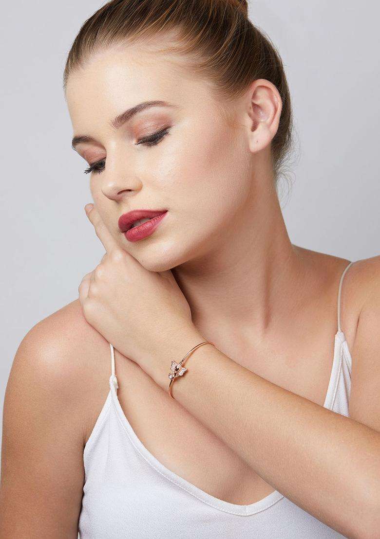 Rose Gold & White Brass Rose Gold-Plated Temple Kada Bracelet with CZ Stone for Women | Stylish Party & Everyday Wear | Gift for Her - Indya