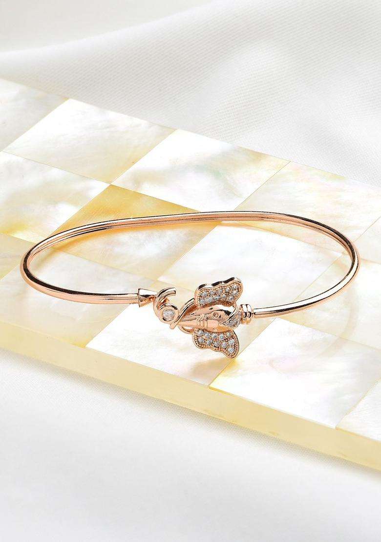 Rose Gold & White Brass Rose Gold-Plated Temple Kada Bracelet with CZ Stone for Women | Stylish Party & Everyday Wear | Gift for Her - Indya