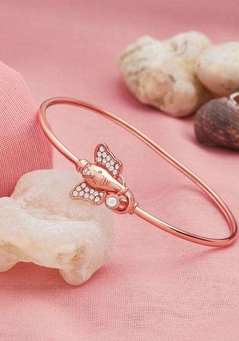 Rose Gold & White Brass Rose Gold-Plated Temple Kada Bracelet with CZ Stone for Women | Stylish Party & Everyday Wear | Gift for Her
