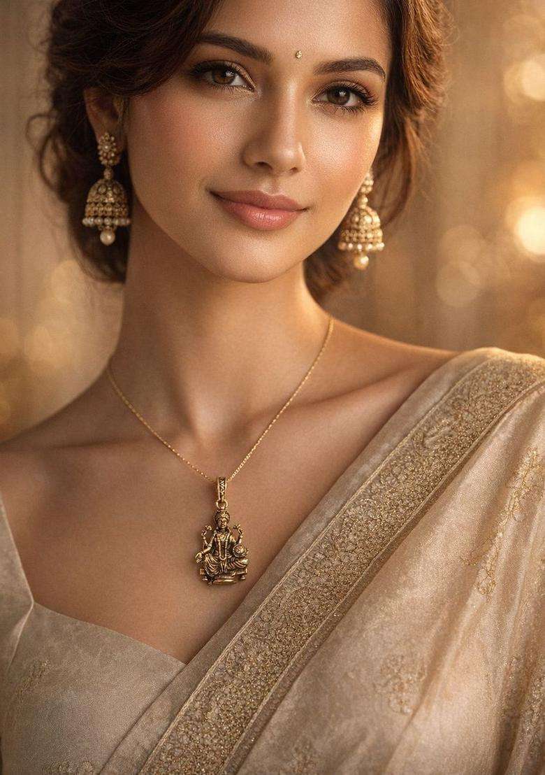 Gold-Plated Antique Temple Lakshmi Ji Pendant for Men & Women | Traditional Temple Jewellery for Wedding & Festive Wear | Festive Gift - Indya
