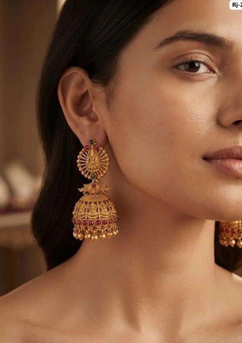 Gold-Plated Geometric Jhumkas Earrings with Kundan for Women | Traditional Temple Jewellery for Wedding & Festive Wear | Gift for Her - Indya