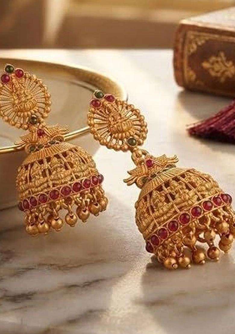 Gold-Plated Geometric Jhumkas Earrings with Kundan for Women | Traditional Temple Jewellery for Wedding & Festive Wear | Gift for Her - Indya