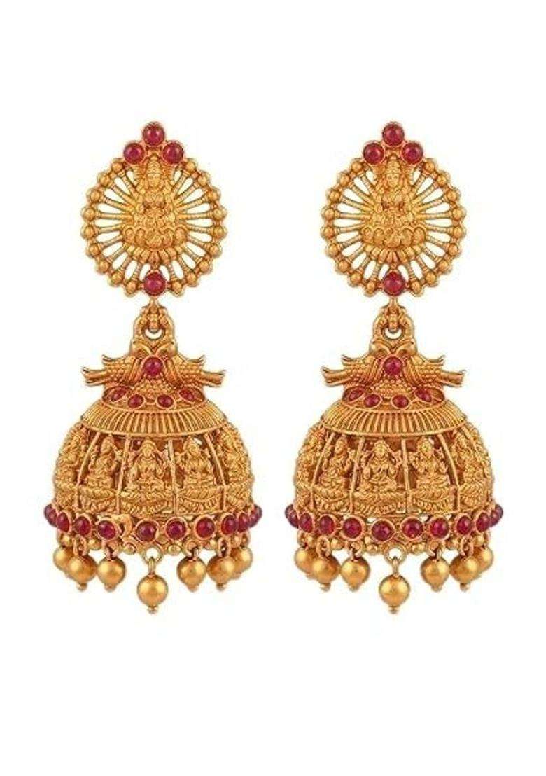 Gold-Plated Dome Shaped Jhumkas Earrings with Kundan for Women | Traditional Temple Jewellery for Wedding & Festive Wear | Gift for Her - Indya