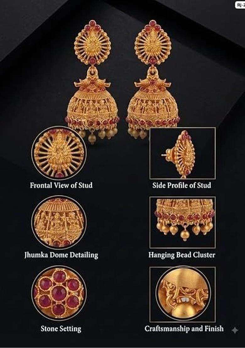 Gold-Plated Dome Shaped Jhumkas Earrings with Kundan for Women | Traditional Temple Jewellery for Wedding & Festive Wear | Gift for Her - Indya