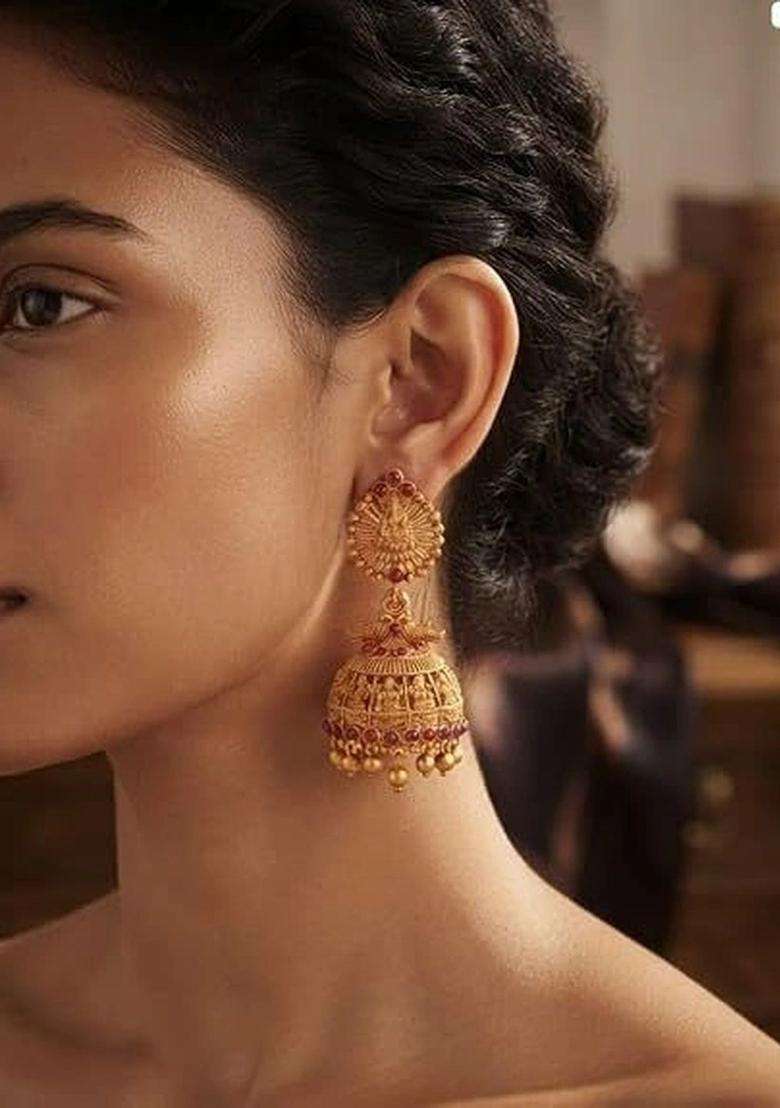 Gold-Plated Dome Shaped Jhumkas Earrings with Kundan for Women | Traditional Temple Jewellery for Wedding & Festive Wear | Gift for Her - Indya