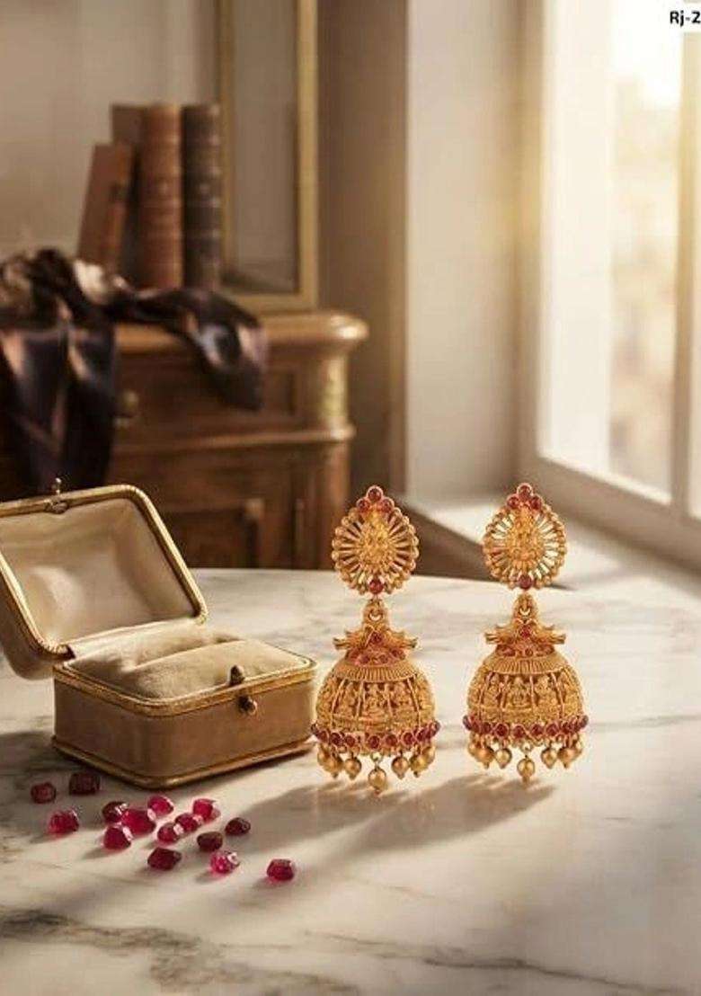 Gold-Plated Dome Shaped Jhumkas Earrings with Kundan for Women | Traditional Temple Jewellery for Wedding & Festive Wear | Gift for Her - Indya