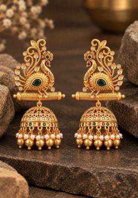 Gold-Plated Peacock Shaped Jhumkas Earrings with CZ Stone for Women | Traditional Temple Jewellery for Wedding & Festive Wear | Gift for Her
