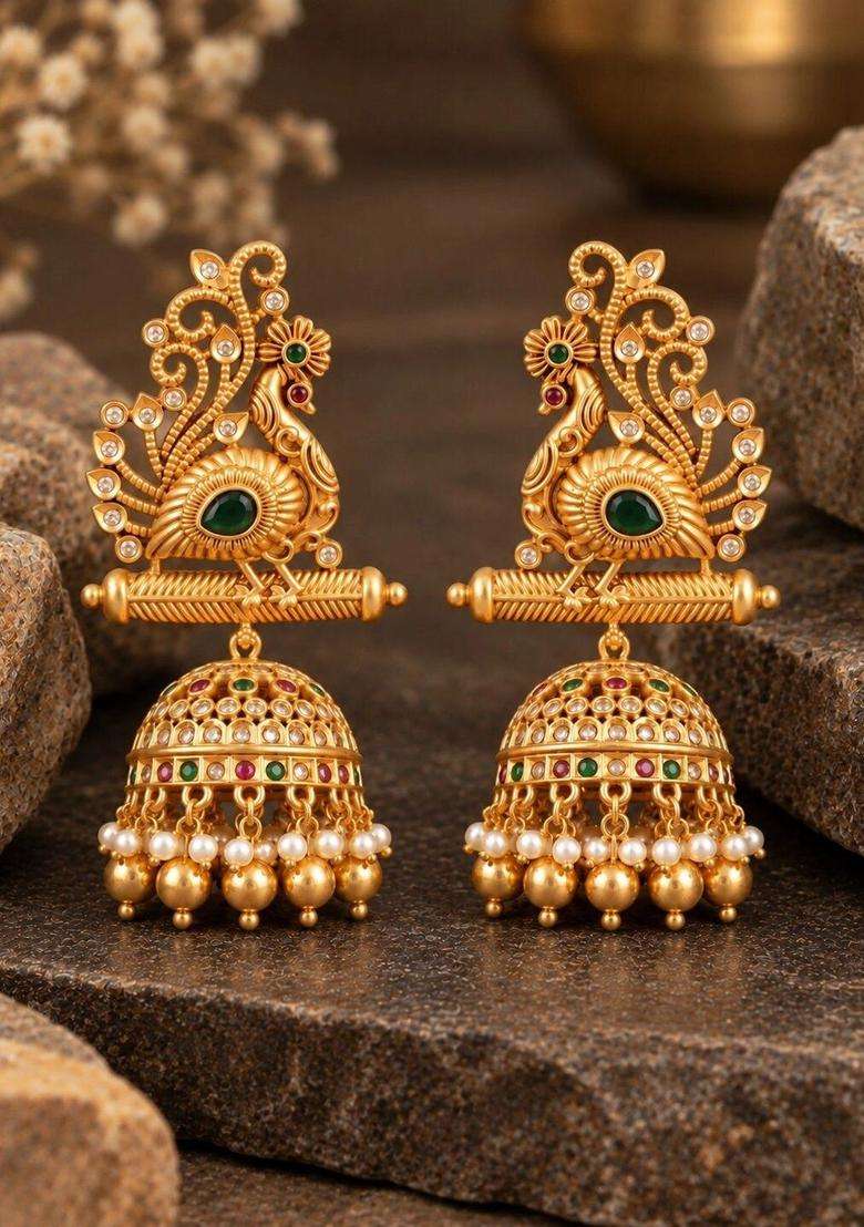 Gold-Plated Peacock Shaped Jhumkas Earrings with CZ Stone for Women | Traditional Temple Jewellery for Wedding & Festive Wear | Gift for Her - Indya