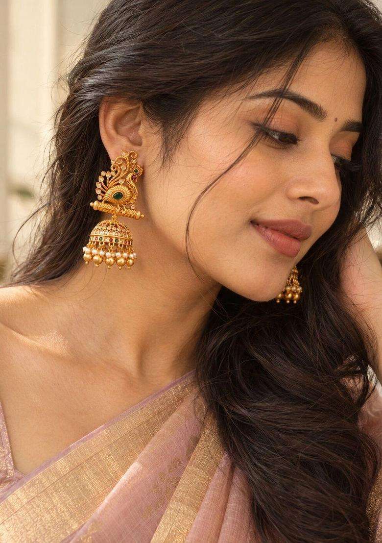 Gold-Plated Peacock Shaped Jhumkas Earrings with CZ Stone for Women | Traditional Temple Jewellery for Wedding & Festive Wear | Gift for Her - Indya