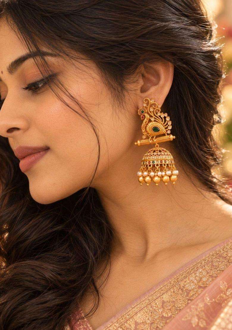 Gold-Plated Peacock Shaped Jhumkas Earrings with CZ Stone for Women | Traditional Temple Jewellery for Wedding & Festive Wear | Gift for Her - Indya