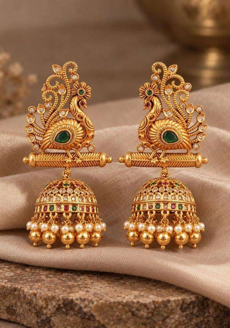 Gold-Plated Peacock Shaped Jhumkas Earrings with CZ Stone for Women | Traditional Temple Jewellery for Wedding & Festive Wear | Gift for Her - Indya
