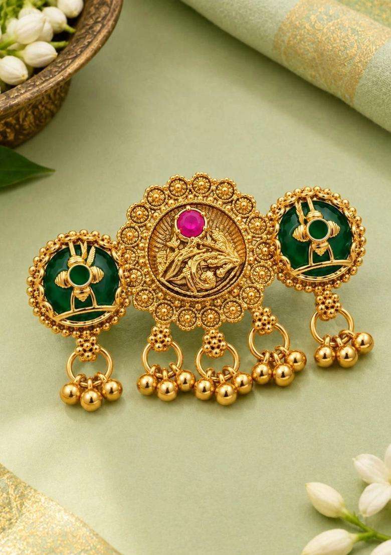 Gold-Plated Temple Cubic Zirconia Finger Ring for Women | Traditional Temple Jewellery for Wedding & Festive Wear | Gift for Her - Indya