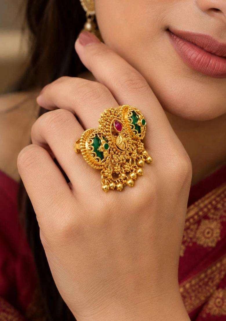 Gold-Plated Temple Cubic Zirconia Finger Ring for Women | Traditional Temple Jewellery for Wedding & Festive Wear | Gift for Her - Indya