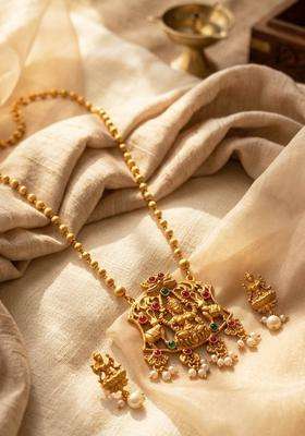 Gold-Plated Stone Studded & Pearls Beaded Necklace with Earrings for Women | Traditional Temple Jewellery for Wedding & Festive Wear | Gift for Her