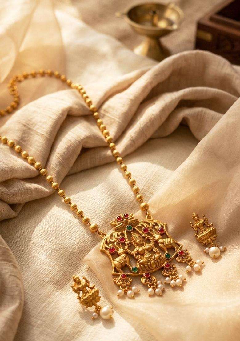 Gold-Plated Stone Studded & Pearls Beaded Necklace with Earrings for Women | Traditional Temple Jewellery for Wedding & Festive Wear | Gift for Her - Indya