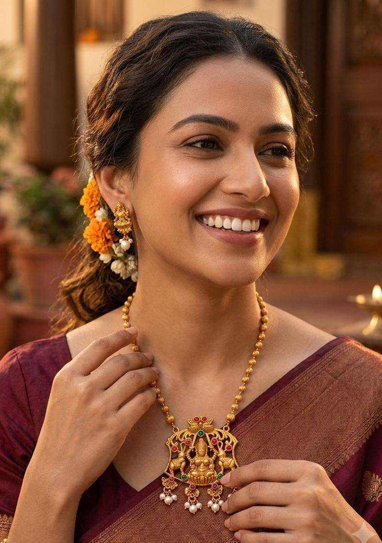 Gold-Plated Stone Studded & Pearls Beaded Necklace with Earrings for Women | Traditional Temple Jewellery for Wedding & Festive Wear | Gift for Her - Indya