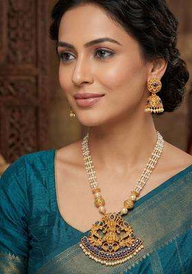 Gold-Plated Blue Stone-Studded & Beaded Jewellery Set for Women | Traditional Temple Jewellery for Wedding & Festive Wear | Gift for Her
