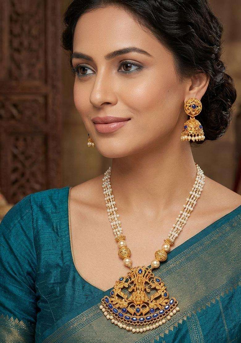 Gold-Plated Blue Stone-Studded & Beaded Jewellery Set for Women | Traditional Temple Jewellery for Wedding & Festive Wear | Gift for Her - Indya