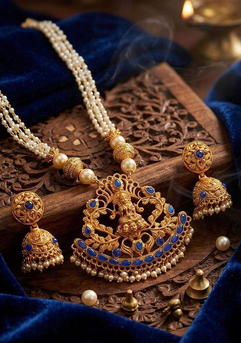 Gold-Plated Blue Stone-Studded & Beaded Jewellery Set for Women | Traditional Temple Jewellery for Wedding & Festive Wear | Gift for Her - Indya