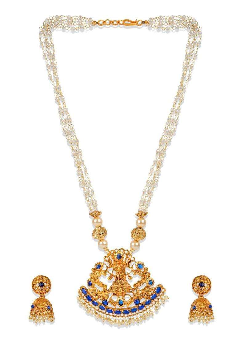 Gold-Plated Blue Stone-Studded & Beaded Jewellery Set for Women | Traditional Temple Jewellery for Wedding & Festive Wear | Gift for Her - Indya