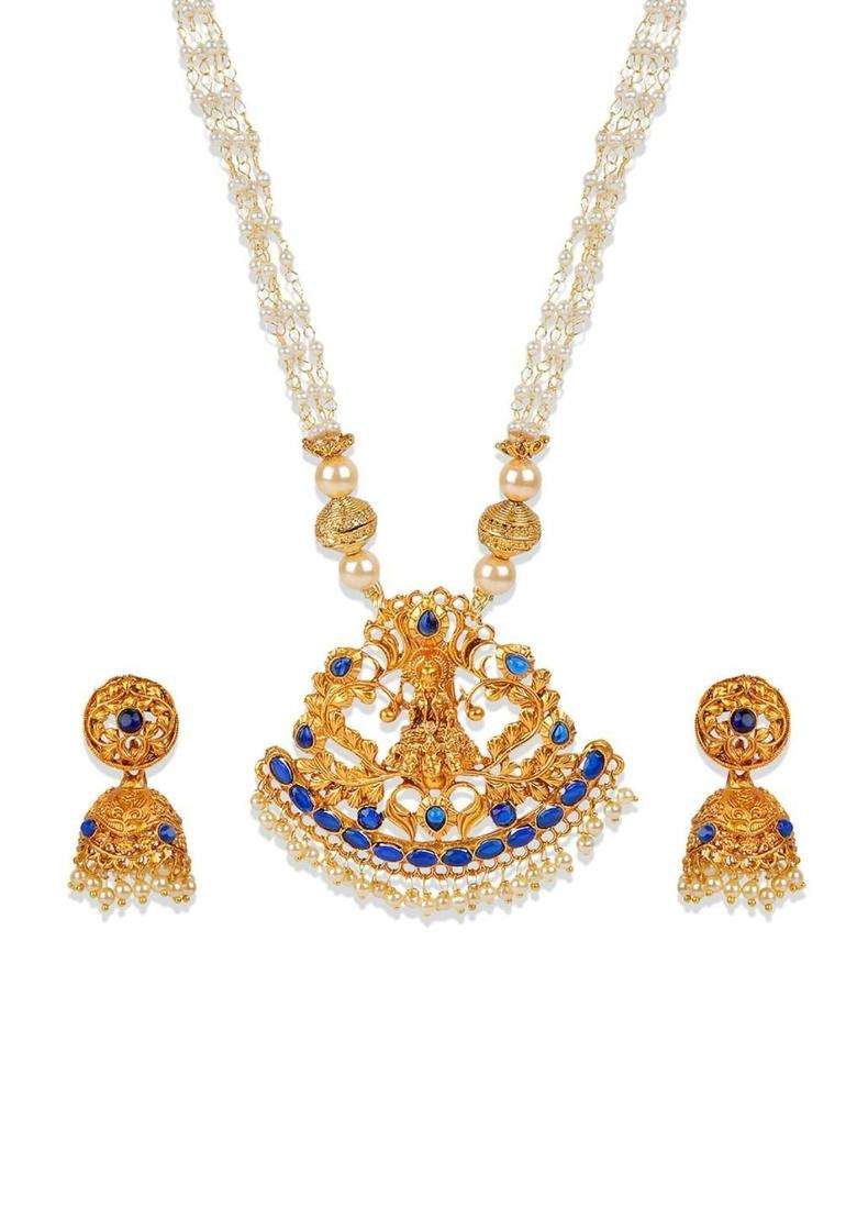 Gold-Plated Blue Stone-Studded & Beaded Jewellery Set for Women | Traditional Temple Jewellery for Wedding & Festive Wear | Gift for Her - Indya