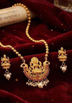 Gold-Plated Stone Studded & Pearls Beaded Necklace with Earrings for Women | Traditional Temple Jewellery for Wedding & Festive Wear | Gift for Her