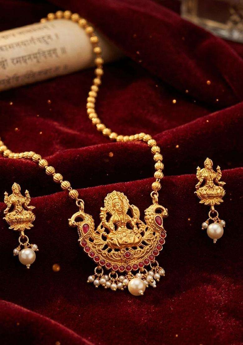 Gold-Plated Stone Studded & Pearls Beaded Necklace with Earrings for Women | Traditional Temple Jewellery for Wedding & Festive Wear | Gift for Her - Indya