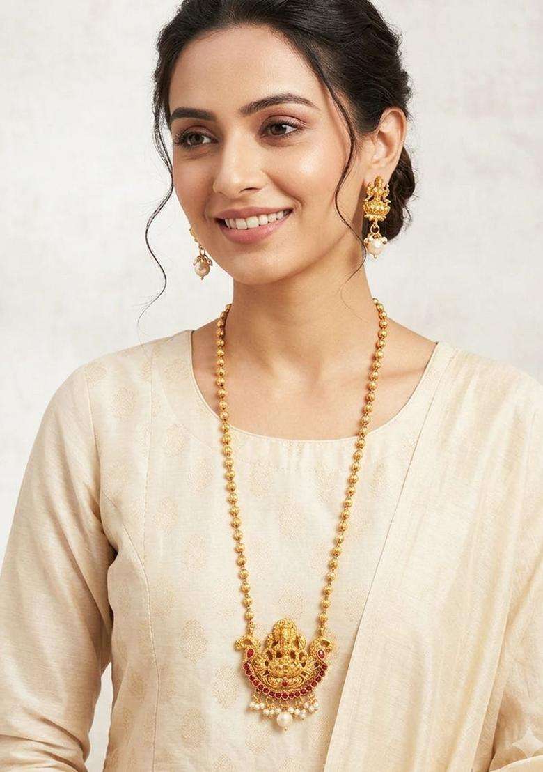 Gold-Plated Stone Studded & Pearls Beaded Necklace with Earrings for Women | Traditional Temple Jewellery for Wedding & Festive Wear | Gift for Her - Indya