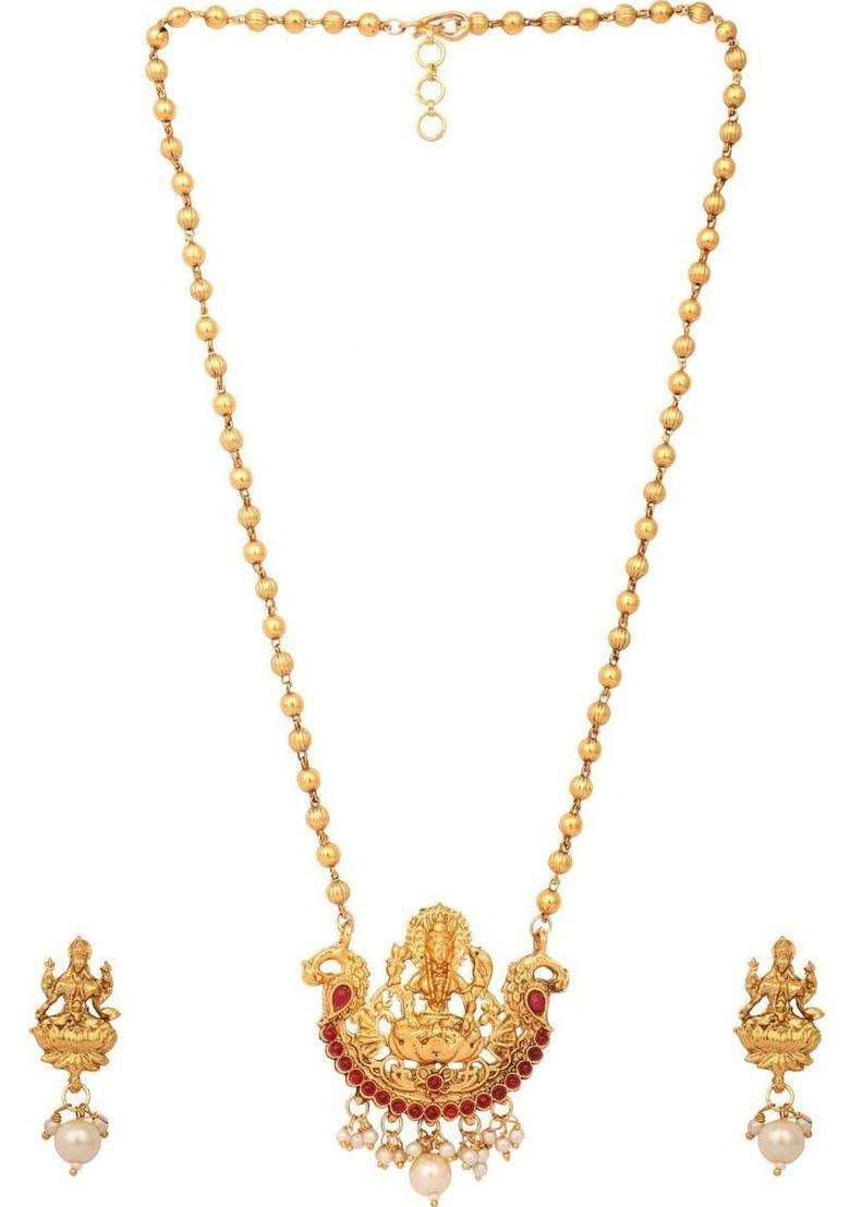 Gold-Plated Stone Studded & Pearls Beaded Necklace with Earrings for Women | Traditional Temple Jewellery for Wedding & Festive Wear | Gift for Her - Indya