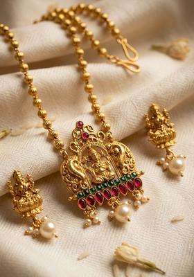 Gold-Plated Stone Studded & Pearls Beaded Necklace with Earrings for Women | Traditional Temple Jewellery for Wedding & Festive Wear | Gift for Her