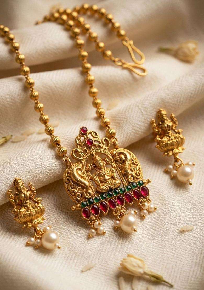 Gold-Plated Stone Studded & Pearls Beaded Necklace with Earrings for Women | Traditional Temple Jewellery for Wedding & Festive Wear | Gift for Her - Indya