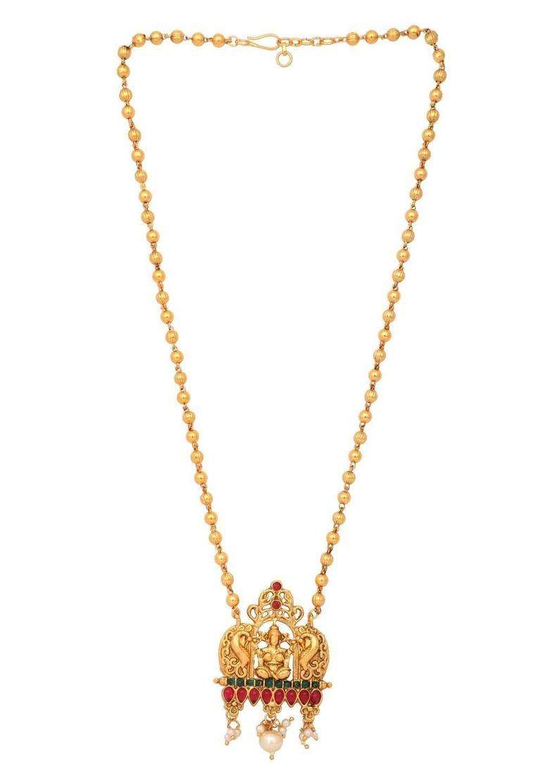 Gold-Plated Stone Studded & Pearls Beaded Necklace with Earrings for Women | Traditional Temple Jewellery for Wedding & Festive Wear | Gift for Her - Indya