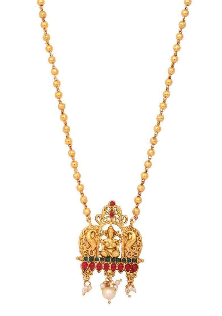Gold-Plated Stone Studded & Pearls Beaded Necklace with Earrings for Women | Traditional Temple Jewellery for Wedding & Festive Wear | Gift for Her - Indya