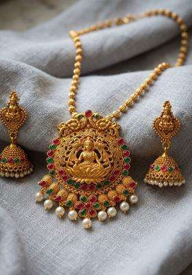 Gold-Plated Red Stone-Studded Jewellery Set for Women | Traditional Temple Jewellery for Wedding & Festive Wear | Gift for Her