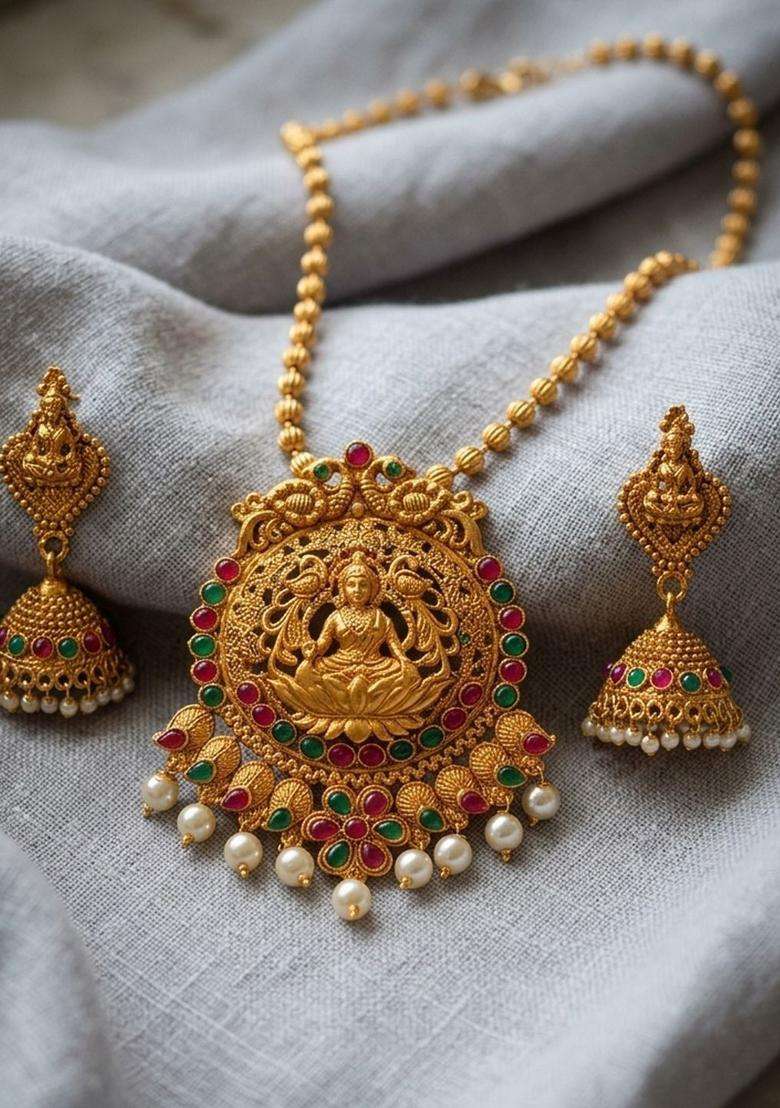 Gold-Plated Red Stone-Studded Jewellery Set for Women | Traditional Temple Jewellery for Wedding & Festive Wear | Gift for Her - Indya
