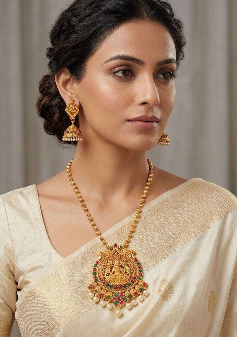 Gold-Plated Red Stone-Studded Jewellery Set for Women | Traditional Temple Jewellery for Wedding & Festive Wear | Gift for Her - Indya