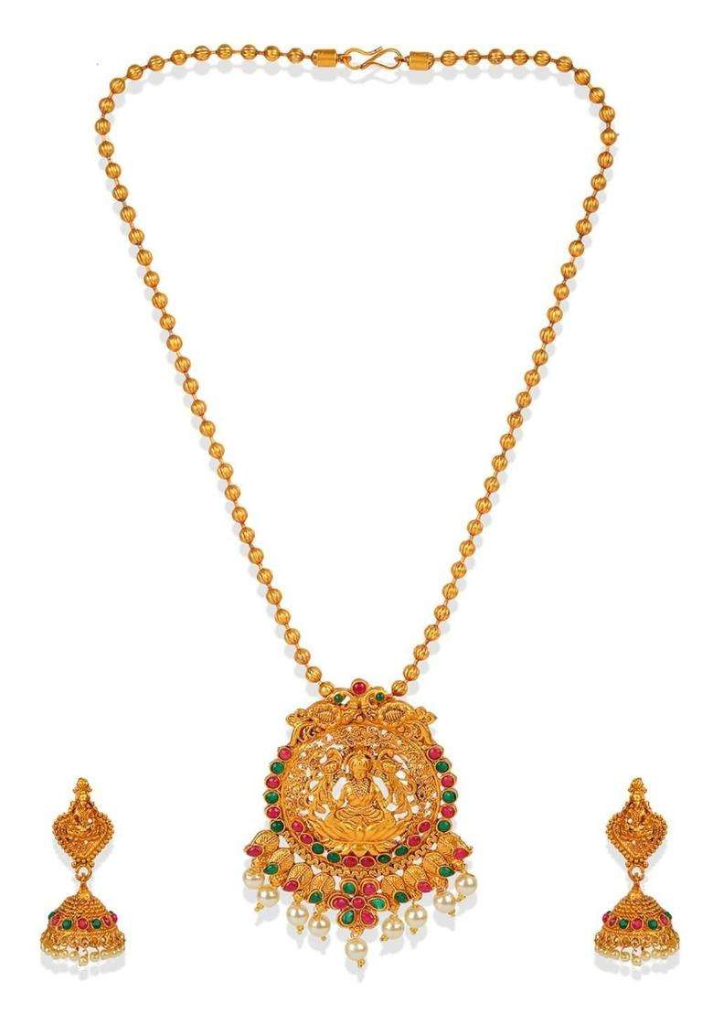 Gold-Plated Red Stone-Studded Jewellery Set for Women | Traditional Temple Jewellery for Wedding & Festive Wear | Gift for Her - Indya