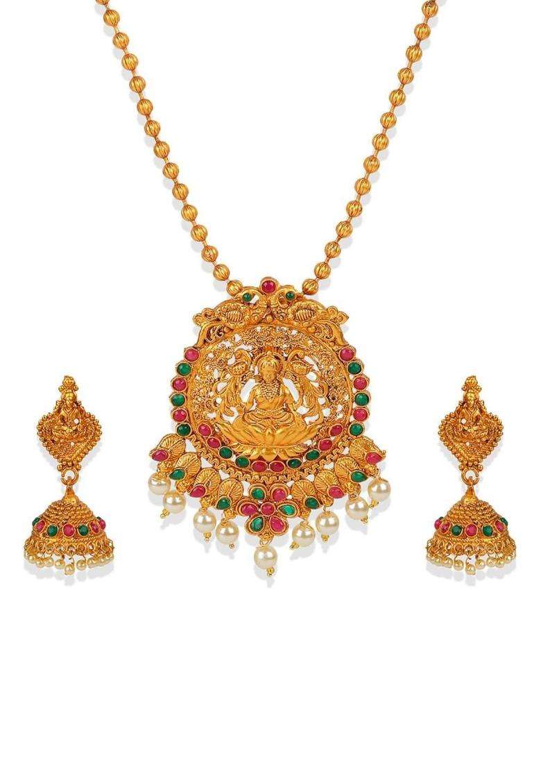 Gold-Plated Red Stone-Studded Jewellery Set for Women | Traditional Temple Jewellery for Wedding & Festive Wear | Gift for Her - Indya