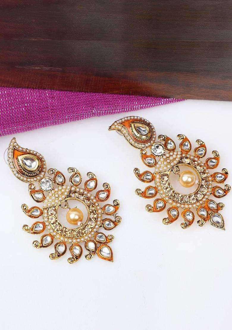 Gold-Plated Brown Contemporary Drop Earrings with CZ Stone for Women | Traditional Temple Jewellery for Wedding & Festive Wear | Gift for Her - Indya