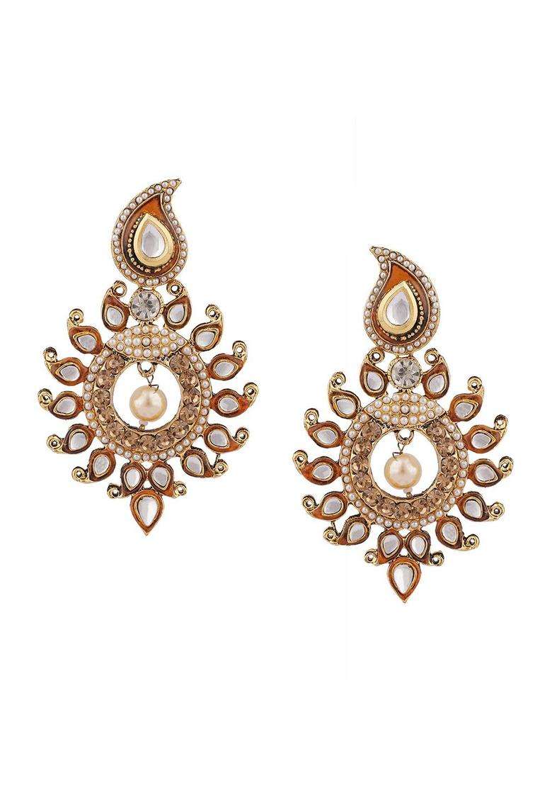 Gold-Plated Brown Contemporary Drop Earrings with CZ Stone for Women | Traditional Temple Jewellery for Wedding & Festive Wear | Gift for Her - Indya