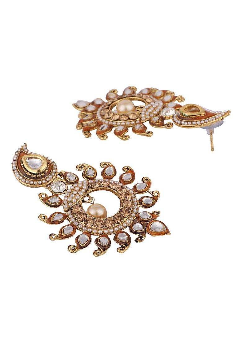 Gold-Plated Brown Contemporary Drop Earrings with CZ Stone for Women | Traditional Temple Jewellery for Wedding & Festive Wear | Gift for Her - Indya