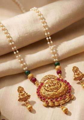 Gold- Plated Red Stone Studded & Beaded Jewellery Set for Women | Traditional Temple Jewellery for Wedding & Festive Wear | Gift for Her