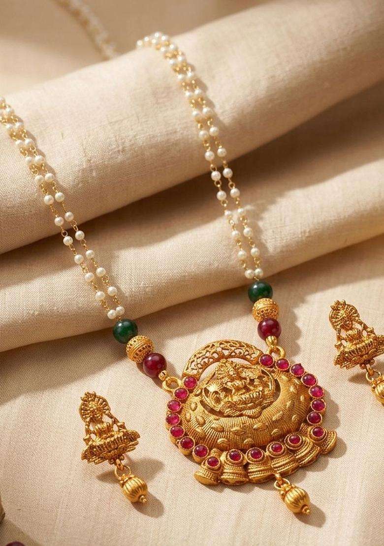 Gold- Plated Red Stone Studded & Beaded Jewellery Set for Women | Traditional Temple Jewellery for Wedding & Festive Wear | Gift for Her - Indya