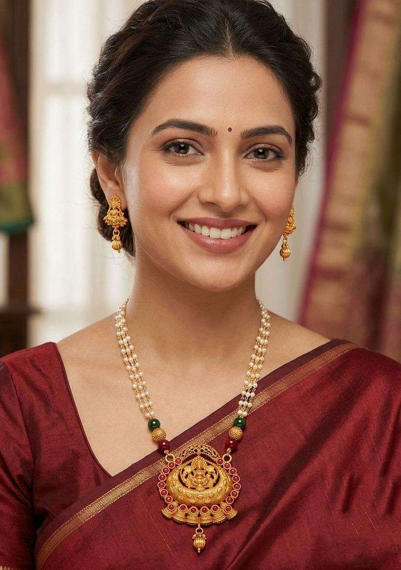 Gold- Plated Red Stone Studded & Beaded Jewellery Set for Women | Traditional Temple Jewellery for Wedding & Festive Wear | Gift for Her - Indya